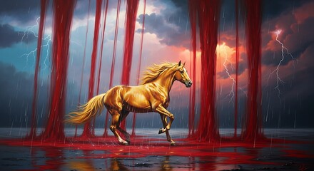 Mythical golden steed walking through a surreal blood red forest.
