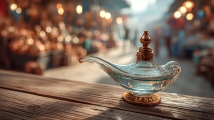Enchanted Glass Lamp on Rustic Table in Vibrant Marketplace Setting