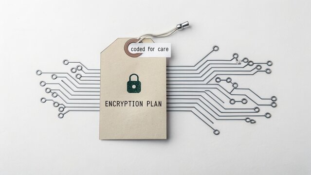 Coded Encryption Plan Tag with Secure Lock Symbol and Technology Background for Cybersecurity and Data Protection Concepts