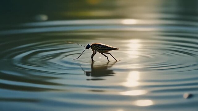 This video shows a water strider walking on the surface of the water, creating ripples or circular waves. The background is blurred with reflected sunlight, giving the impression r