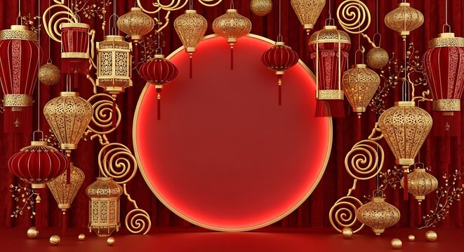 Red and Gold Chinese New Year Celebration Background with Lanterns and Ornaments. - Powered by Adobe