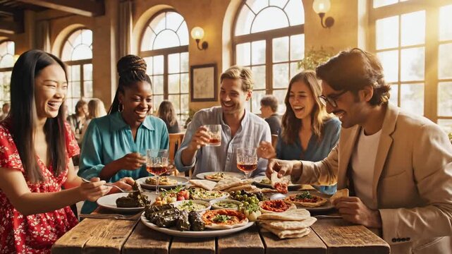 Diverse Group of Friends Laughing and Sharing a Joyful Mediterranean Feast in a Sunny Restaurant.