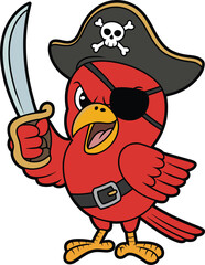 Funny cartoon pirate parrot holding sword, colorful tropical bird mascot wearing pirate hat and eyepatch, playful adventure vector illustration for kids design