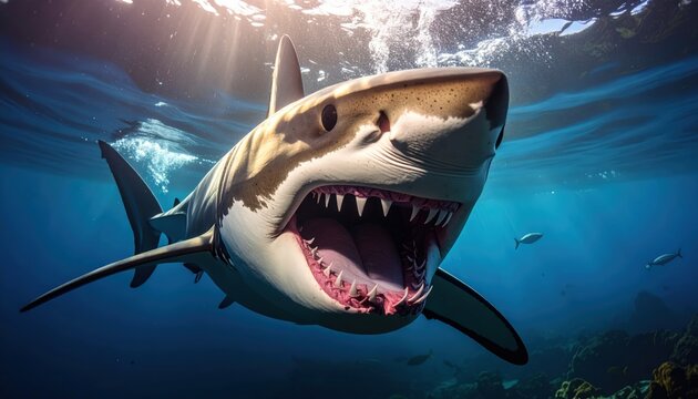 Great White Shark Underwater with Mouth Open Showing Sharp Teeth - Powered by Adobe