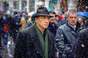 Urban Winter Scene with Businessman Walking Through Light Snowfall in Downtown
