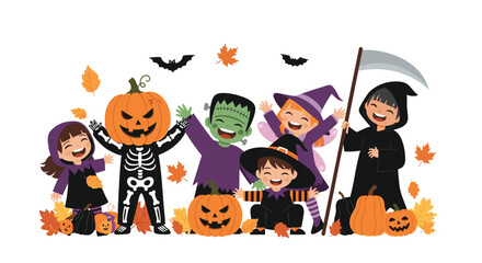 Happy children in Halloween costumes, including a skeleton, Frankenstein, witches, and Grim Reaper, celebrating with pumpkins and autumn leaves.