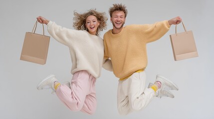 Joyful young couple jumping with beige shopping bags symbolizes happiness, freedom, and retail excitement. Perfect for e-commerce campaigns, holiday sales, and fashion marketing visuals