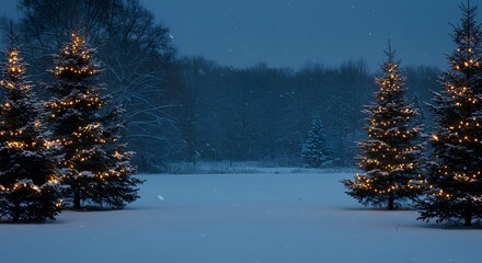 Evergreen trees decorated with glowing Christmas lights stand in a serene, snowy landscape at dusk.