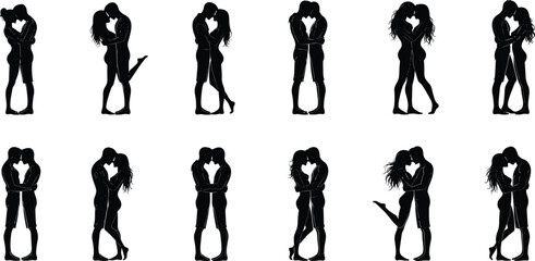 Couple kissing silhouettes in romantic poses with emotional expressions and body language for love, relationship, and affection vector illustration design.