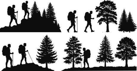 Hiking silhouette vector set with backpackers and forest trees, outdoor adventure illustration for nature, trekking, mountain, and travel themes © Ashikur