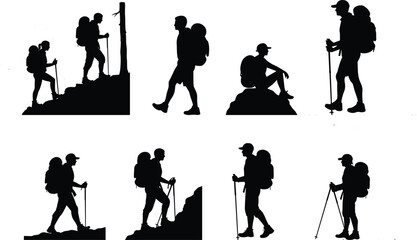 Obraz premium Hiking silhouette vector set with trekking pole and backpack poses featuring hikers on cliffs, walking, and resting for adventure design