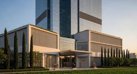 Modern corporate architecture showcasing a contemporary building complex with glass facade and