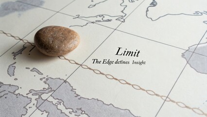 Conceptual image featuring a smooth stone on a vintage map with the words "Limit" and "The Edge defines Insight"