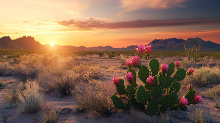 Desert landscape with cactus and pink flowers at sunset