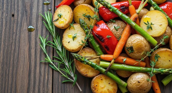 Roasted seasonal vegetables on rustic wood background display vibrant color harmony and natural