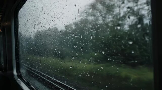Rainy view through wet train window with streaks