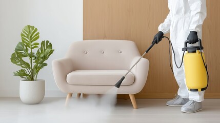 A person in white protective overalls disinfects home furniture with professional pest control equipment. The image conveys hygiene, safety, and modern sanitation