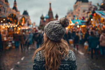 Obraz premium Girl walking on Christmas Market on Red Square in Moscow