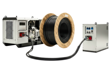 Portable industrial power generator with a cable reel and box on a transparent background