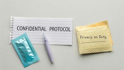 Confidential Protocol for Personal Privacy Duties with Condoms and Pen on Gray Background
