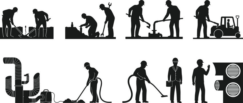 Industrial Workers Performing Maintenance, Cleaning, Pipe Handling, and Equipment Operation with Safety Gear in Silhouette Scenes for Facility Management Tasks