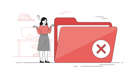 Woman shrugging her shoulders next to a large red folder with an "X" mark, depicting uncertainty about a missing file.