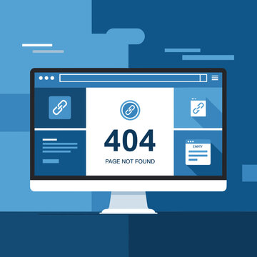 Computer screen displaying a "404 Page Not Found" error with link icons, representing a broken or missing web page.