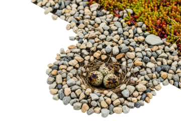 Bird nest with three speckled eggs on a bed of small pebbles on a transparent background