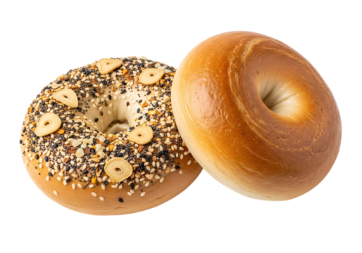 Two delicious bagels one plain and one with seeds isolated on transparent background