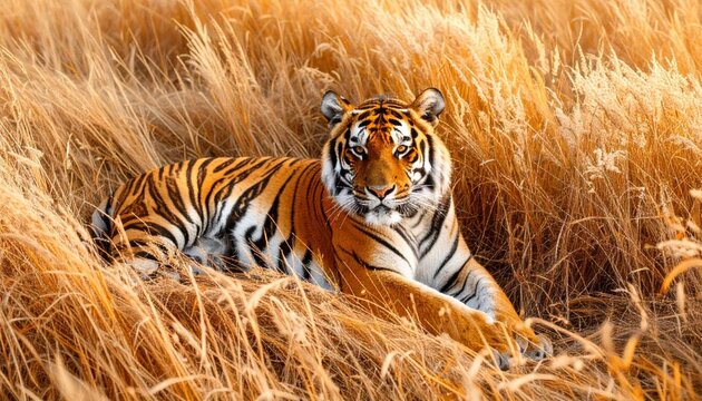 Royal Bengal tiger resting in golden grass, showcasing its regal presence
