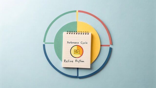 Creative notepad with performance cycle concept on colorful background showcasing refinement in rhythm for business improvement ideas