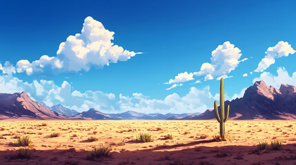 Desert landscape with saguaro cactus and mountains under a blue sky