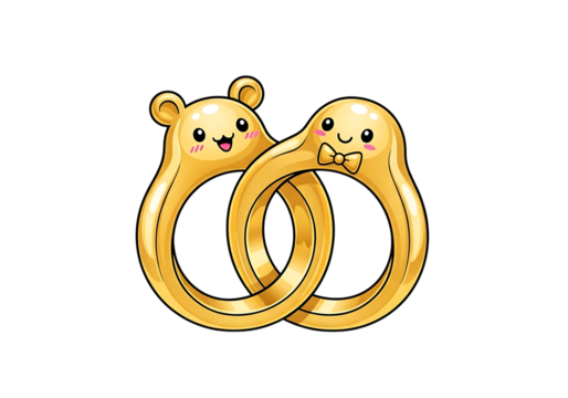 Cute cartoon gold rings with bear and bow tie characters intertwined isolated on transparent background