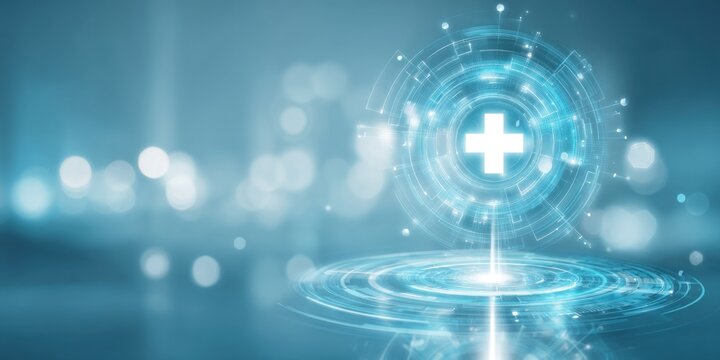 A futuristic digital health symbol with a cross, set against a soft blue background, suggesting innovation in medical technology.