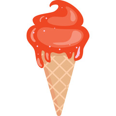A pixelated strawberry ice cream cone with dripping red topping and a light brown waffle cone isolated on a transparent background