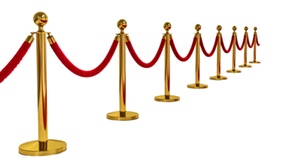 Premium gold stanchions with red velvet rope, VIP entrance barrier, isolated on transparent background