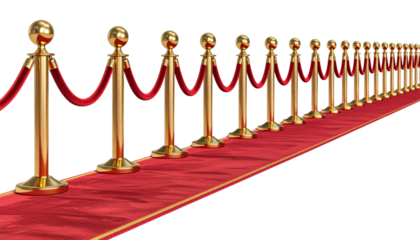 Premium gold stanchions with red velvet cord, VIP entrance barrier, isolated on transparent background