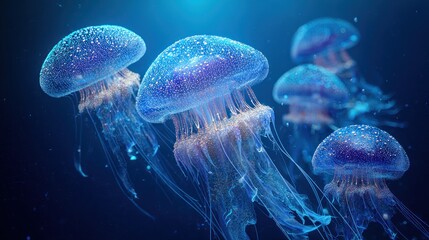 Fototapeta premium Vibrant blue jellyfish swimming in deep ocean water with glowing effect