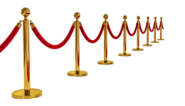 Premium gold stanchions with red velvet rope, VIP entrance barrier, isolated on transparent background