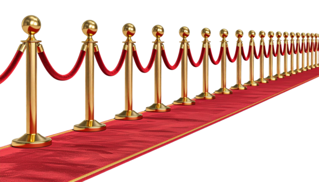 Premium gold stanchions with red velvet cord, VIP entrance barrier, isolated on transparent background