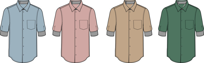 Illustration of colored button-down shirts with rolled-up sleeves, perfect for casual wear