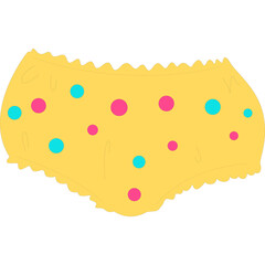 A playful abstract yellow shape adorned with pink and turquoise dots against a clean white background with a textured edge