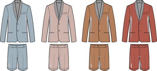 Men's fashion collection featuring blazers and matching shorts in various colors. Technical flat vector apparel design template for summer wear