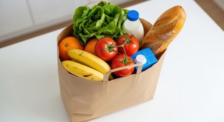 A paper shopping bag overflowing with fresh fruits, vegetables, dairy and bread on a white surface