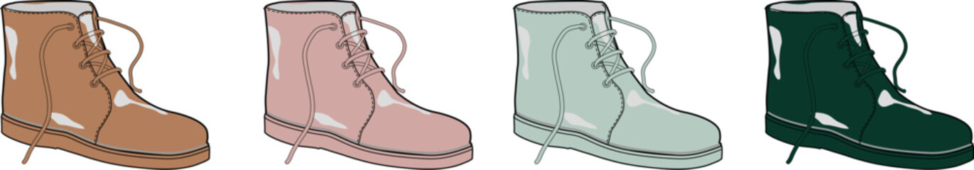 Stylized Boot Collection in Various Colors Brown, Pink, Green, and Teal. Fashionable Footwear Design