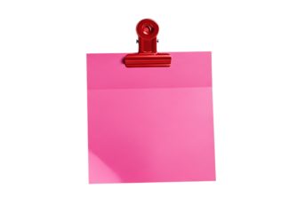Bright pink sticky note held by a red binder clip isolated on transparent background