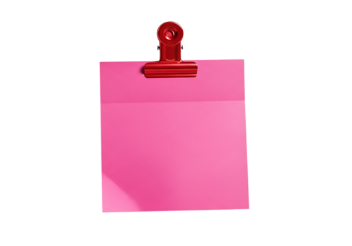 Bright pink sticky note held by a red binder clip isolated on transparent background