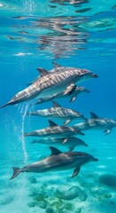 Fototapeta premium Dolphins swimming in clear blue ocean waters, underwater view.