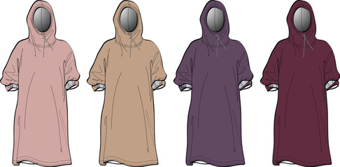 Collection of fashion technical sketches featuring a unisex oversized hooded poncho. Clothing template vector illustration in various colors