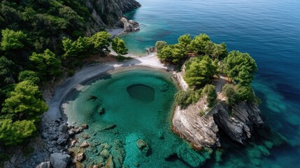 Top Down Drone Photo Of A Circular Island Surrounded By Turquoise Ocean Waters And Lush Green Trees On A Sunny Day